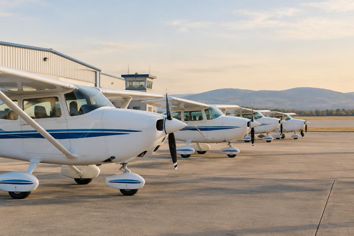 Training aircraft parked on a flight school ramp